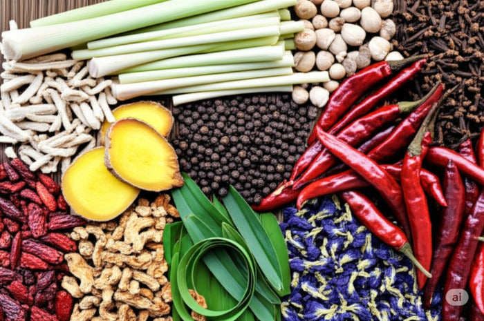 Colorful Thai herbs on a wooden tray, including dried turmeric, galangal, and kaffir lime leaves – Teakomi collection
